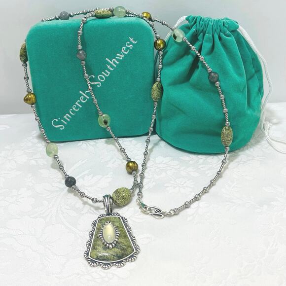 CAROLYN POLLACK Sterling Silver Green Jaspar Enhancer Pendant & CP Necklace Set - Picture 1 of 13